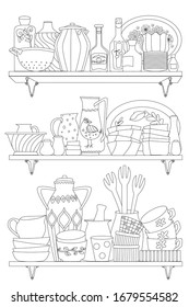 rustic shelves with ornate tableware, cups, pots, jugs for your coloring book