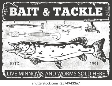 A rustic sign showcases a large fish graphic with various fishing lures above it. The words Bait and Tackle prominently feature indicating the shop sells live minnows and worms since 1991.