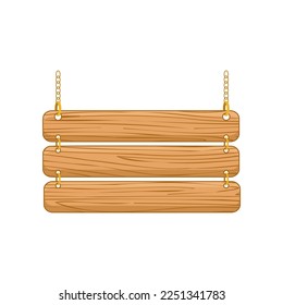 Rustic signboard hanging on chain cartoon illustration. Wooden decorative banner for advertising, information, sale, cafe and restaurant names on rope. Guidepost concept