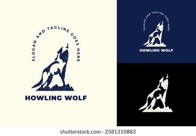 rustic silhouette negative space howling wolf logo design, logo for conservation, national park, wildlife, etc.