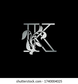 Rustic silver nature floral letter K initial logo icon luxury  style vector design template.
