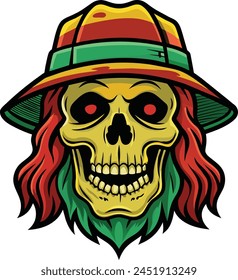 Calavera Rustica Con Sombrero De Cubo Color Reggae.