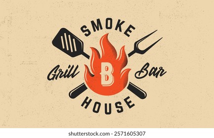 Rustic smokehouse logo with fire flame, cooking tools and vintage typography. Design for barbecue brands, steakhouses, or grilling events. Vector illustration.