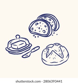 Rustic Sourdough Bread Loaf with Slices and Butter Dish Hand Drawn Monoline Doodle Illustration