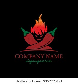 Rustic Spicy Red Chili Pepper logo design, retro hot grill food and restaurant icon, Red fire vector illustration