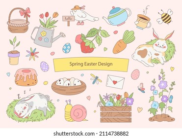 Rustic sprint clip art set. Cute vector bunnies, easter eggs, carrots, tea, strawberry, dragonfly, butterfly, flowers and seedlings. Vector cartoon illustration.