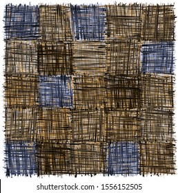 Rustic square checkered mat with  grunge striped rough square elemen in brown, blue ,grey, yellow colors isolated on white