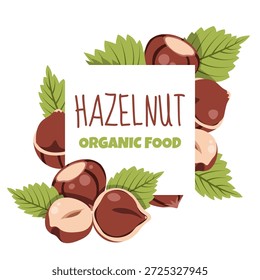 Marco cuadrado rústico con avellanas y hojas verdes en estilo plano. Perfecto para el empaquetado de alimentos de otoño, etiquetas de Producto, Plantillas de carteles y marcas.