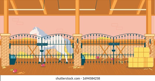 Rustic Stable with Beautiful Horse and Haystack. Mare Stand Bhind Metal Fence with Lock. Indoor there Haystack and Treat for Animal, Apple Laid out on Floor. Speciail Group Hang on Hook.