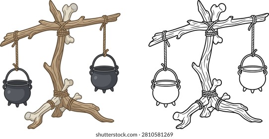 A rustic stand made of branches and bones displays two hanging cauldrons for an enchanting concoction