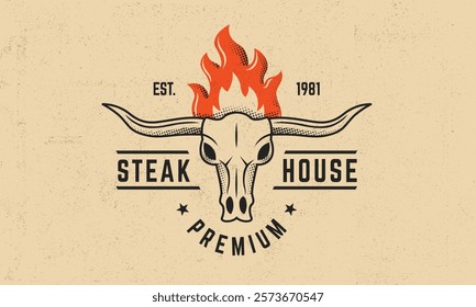 Rustic steakhouse logo featuring a long horn skull with bold horns and a flame icon in vintage style. Perfect for barbecue branding, restaurant or grill menu. Vector illustration.