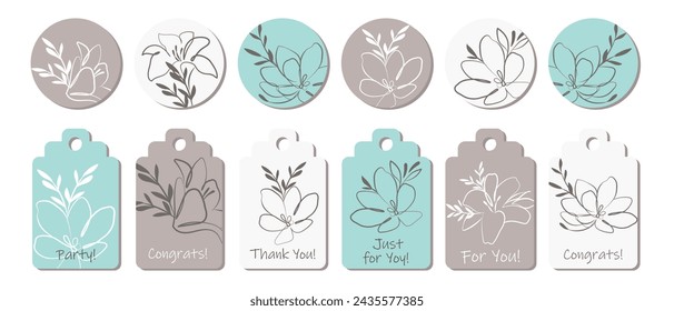 Rustic sticker set or greeting card template with outline flowers. Anniversary, birthday, wedding, party, social media banner set. Vector	

