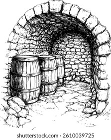Rustic stone cellar featuring three wooden barrels inside
