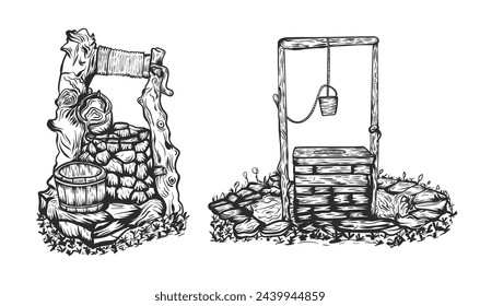 Rustic stone well with bucket and drinking water vintage hand drawn vector illustration	