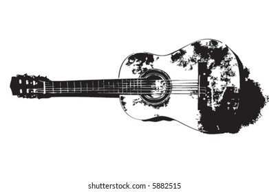 Rustic style acoustic guitar black and white vector illustration in an ink grunge style isolated on a white background