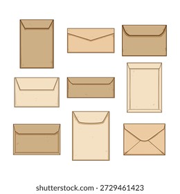 Colección de estilo rústico de sobres en blanco sellados que muestran varios tamaños y Formas, que representan servicios postales, correo tradicional, mensajes secretos y documentos confidenciales importantes