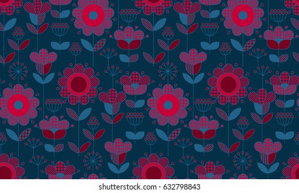 Rustic style decorative surface design inspired by traditional folk European ornaments. Deep blue and red seamless pattern for background, wrapping paper in boho vibes.
