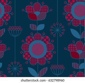 Rustic style decorative surface design inspired by traditional folk European ornaments. Deep blue and red seamless pattern for background, wrapping paper in boho vibes.
