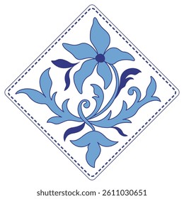 Rustic style design element. Holland traditional painted ceramic tile. Monochrome blue floral ornament. Blue curved flowers and leaves on white background. Vintage square mosaic tile