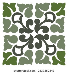 Rustic style design element. Traditional painted ceramic tile. Floral ornament of calm green colors. Green curved flowers and leaves on white background. Vintage square mosaic tile