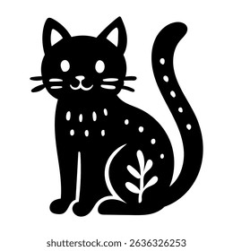 Rustic style figurine with a cat. Ethnic sticker. Bohemian animal silhouettes and floral patterns on Scandinavian style textiles. Handmade relief image of a cat in the style of linocut.