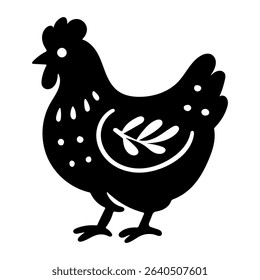 Rustic style figurine with a chicken. Ethnic sticker. Bohemian animal silhouettes and floral patterns on Scandinavian style textiles. Handmade relief image of a chicken in the style of linocut.