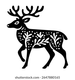 Rustic style figurine with a deer. Ethnic sticker. Bohemian animal silhouettes and floral patterns on Scandinavian style textiles. Handmade relief image of a deer in the style of linocut. Vector illus