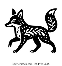 Rustic style figurine with a fox. Ethnic sticker. Bohemian animal silhouettes and floral patterns on Scandinavian style textiles. Handmade relief image of a fox in the style of linocut.