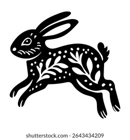 Rustic style figurine with a hare. Ethnic sticker. Bohemian animal silhouettes and floral patterns on Scandinavian style textiles. Handmade relief image of a hare in the style of linocut.