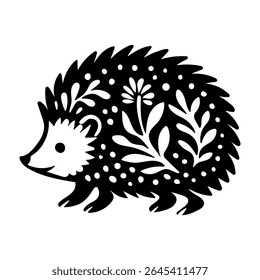 Rustic style figurine with a hedgehog. Ethnic sticker. Bohemian animal silhouettes and floral patterns on Scandinavian style textiles. Handmade relief image of a hedgehog in the style of linocut.