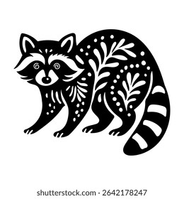 Rustic style figurine with a raccoon. Ethnic sticker. Bohemian animal silhouettes and floral patterns on Scandinavian style textiles. Handmade relief image of a raccoon in the style of linocut.