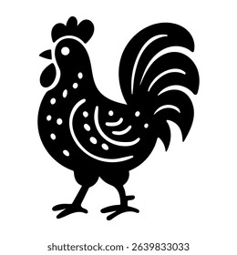 Rustic style figurine with a rooster. Ethnic sticker. Bohemian animal silhouettes and floral patterns on Scandinavian style textiles. Handmade relief image of a rooster in the style of linocut. Vector