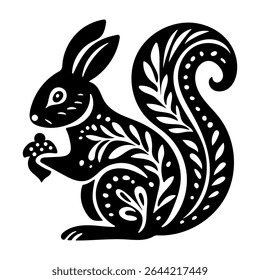 Rustic style figurine with a squirrel. Ethnic sticker. Bohemian animal silhouettes and floral patterns on Scandinavian style textiles. Handmade relief image of a squirrel in the style of linocut.