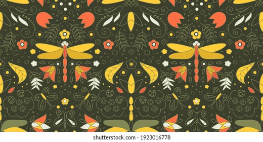 Rustic style horizontal seamless pattern with geometrical elements. Dark green background with insects and floral design. Endless print with dragonfly. Yellow and orange colors. Symmetric objects.