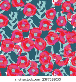 Rustic style  sealmess floral pattern design. Red color flowers and leaf background. Skarf, style, textile, fashion vector pattern 