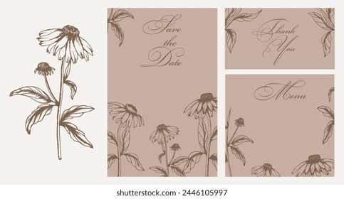 Plantilla de invitación de boda de estilo rústico con flores de contorno. Guardar la fecha. Menú. Gracias. Caligrafía, carteles, Vector