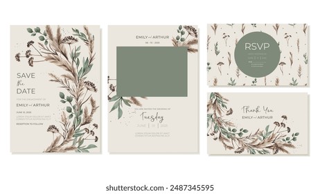 Rustic Style Wedding Invitations With Thank You Cards. Hand-painted Watercolor Dry Grasses, Cereals, Green Leaves. Vector