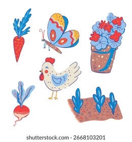 Rustic summer set with chicken, сarrots and radish beds