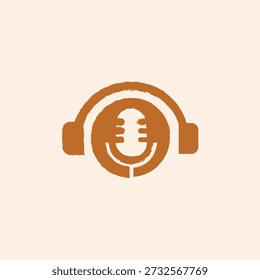 A rustic, terracotta-toned emblem featuring a stylized microphone enclosed within a circular headphone silhouette. This textured, minimalist design is perfect for podcast branding, radio station logos, or music streaming platform identities.