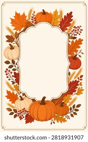 Rustic Thanksgiving dinner invitation vector featuring a pumpkin harvest wreath, warm autumn leaves, and blank editable text area for family gathering and holiday dinner designs