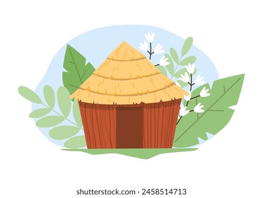 A rustic thatched hut surrounded by lush greenery. Vector illustration perfect for depicting rural simplicity and natural living.