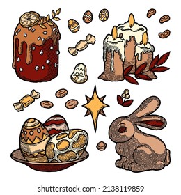 Rústico Y Tradicional Pastel De Pascua. La panadería cristiana rusa y europea Kulich dibujada al estilo Boho. Huevo pintado con patrón, conejo de chocolate, garrapata y hoja, trozo de naranja, vela, picado