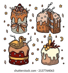 Rustic Traditional Easter Cake Set in Color. Russian Christianity Bakery Kulich drawn in Boho Style for Menu, Recipe. Colored Egg with Pattern, Ribbon with Bow, Seed, Duck and Icing, Candle, Berry