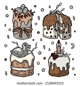 Rustic Traditional Easter Cake Set. Russian and European Christianity Bakery Kulich drawn in Boho Style. Colored Egg with Pattern, Ribbon with Bow, Twig and Leaf, Seed, Duck and Icing, Candle, Berry
