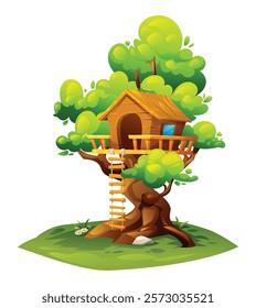 Rustic tree house with rope ladder. House on tree, children playground. Vector cartoon illustration