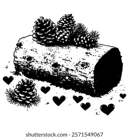 rustic tree log with pinecones design black and white vector art perfect for nature-inspired and rustic designs