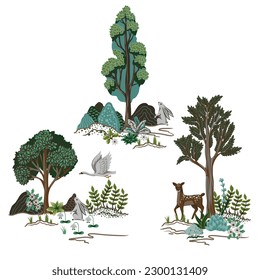 Rustic trees, animals and plants isolated. Vector