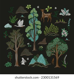 Rustic trees, animals and plants isolated. Vector