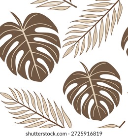 Rustic tropical leaves seamless tile pattern featuring hand drawn monstera and palm leaves with earthy tones ideal for farmhouse kitchens concept as Hand drawn monstera and palm leaves with earthy tones create rustic seamless tile pattern perfect for farmhouse kitchens in Photo Stock Concept and empty space on the left side,no text --ar 7:2 --tile