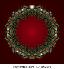 Rustic Twig Christmas Berry Wreath and Garland decoration is handmade on Christmas tree green branches base and filled with bright red pip berries. Stunning winter holiday seasonal decorative elements